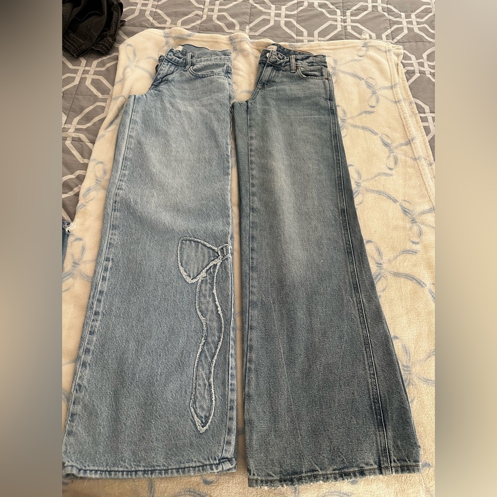 PacSun Light Blue Wide-Leg Flare Baggy Jeans with Stitch Bow Detail